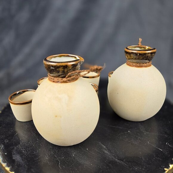 Yokohama Kanji Sake Set 2 Carafes 5 Cups Glazed Bisque Pottery Beige/Brown - Picture 11 of 16